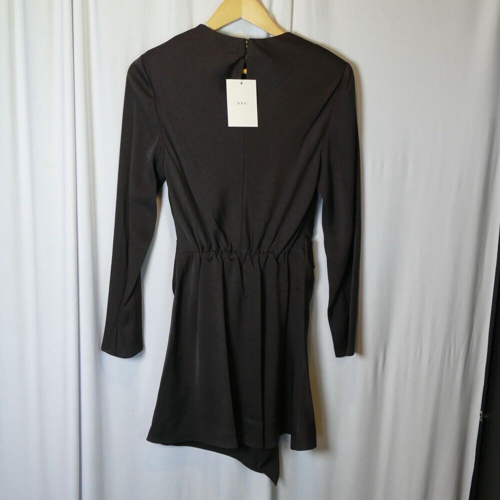 NWT A.L.C. Kay Asymmetric Front-Twist Satin Cocktail Mini Dress Black Size 2 - Picture 5 of 8